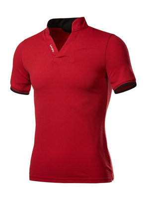 Red cotton men's undershirt with notched V-neck and black trim details.