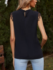 Black lace trim gathered neck shell blouse with a keyhole back closure.