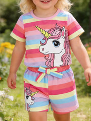 Unicorn graphic rainbow striped baby set with shorts and t-shirt.