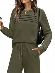 Casual Long Sleeve Crewneck Top & Drawstring Pants Set