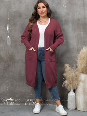 Burgundy oversized knit duster cardigan with patch pockets and long sleeves.