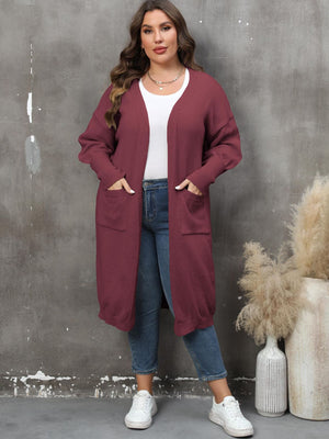 Burgundy oversized knit duster cardigan with patch pockets and long sleeves.