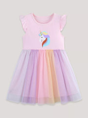 Pink baby dress with unicorn graphic and rainbow tulle skirt.