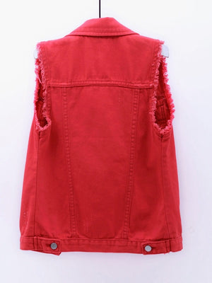 Red denim vest with frayed shoulders and collar