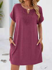 Deep Purple lace-trimmed V-neck pocket dress with short sleeves.