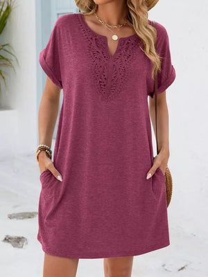 Deep Purple lace-trimmed V-neck pocket dress with short sleeves.