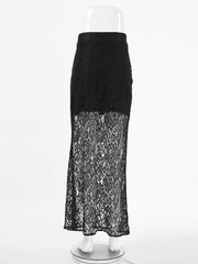 Black lace maxi skirt with sheer lace detail and a fitted silhouette.