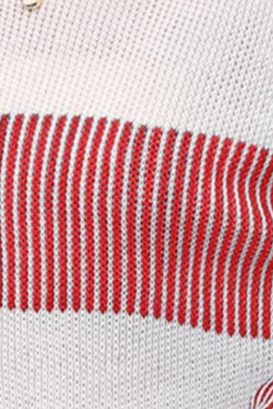 Nautical stripe knit crewneck sweater in tan with red stripes.