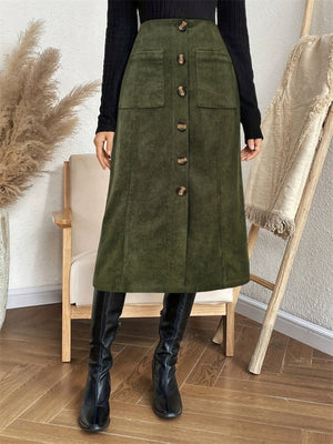 Army green corduroy button-down A-line midi skirt with front pockets.