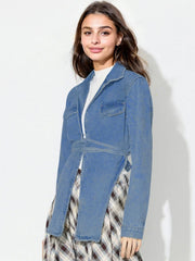 Medium wash denim wrap jacket with tie waist and asymmetric hem