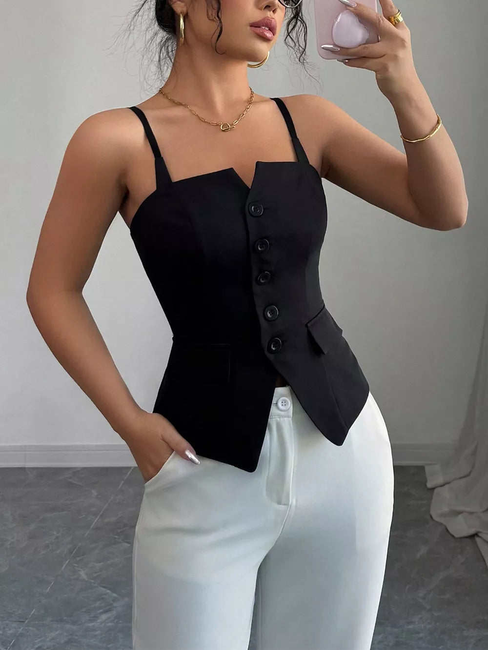 Black button front cami with square neckline and adjustable straps