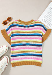 Textured stripe knit sweater with contrast trim and short sleeves in multicolor stripes.