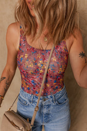 Floral mesh bodysuit with scoop neck and colorful floral print