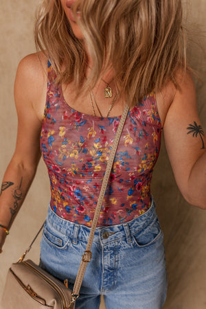Floral mesh bodysuit with scoop neck and colorful floral print