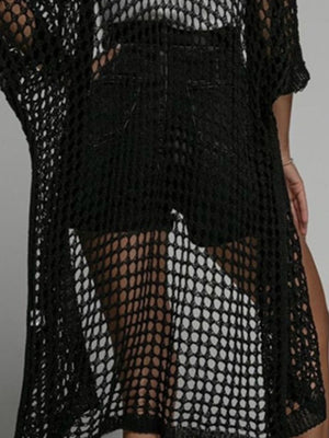 Black open-knit duster cardigan with short sleeves and a relaxed fit.