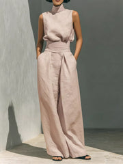 Sleeveless Wide-leg Jumpsuit With Smocked Waist in Apricot, product detail