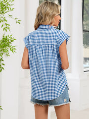 Plaid Button Up Cap Sleeve Shirt, view 11