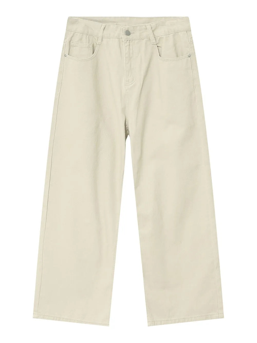 Beige wide-leg denim jeans with a relaxed fit and classic five-pocket styling.