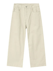 Beige wide-leg denim jeans with a relaxed fit and classic five-pocket styling.