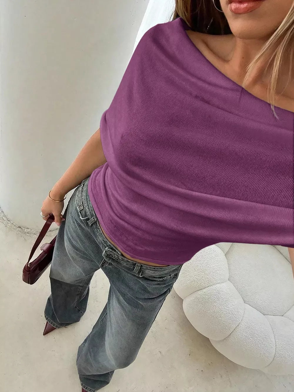 Ruched off-shoulder knit t-shirt in Apricot with draped neckline.