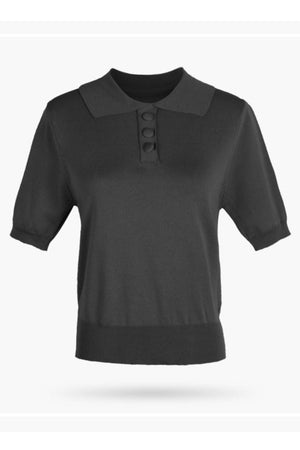 Black button-down knit polo top with short sleeves and a ribbed hem.