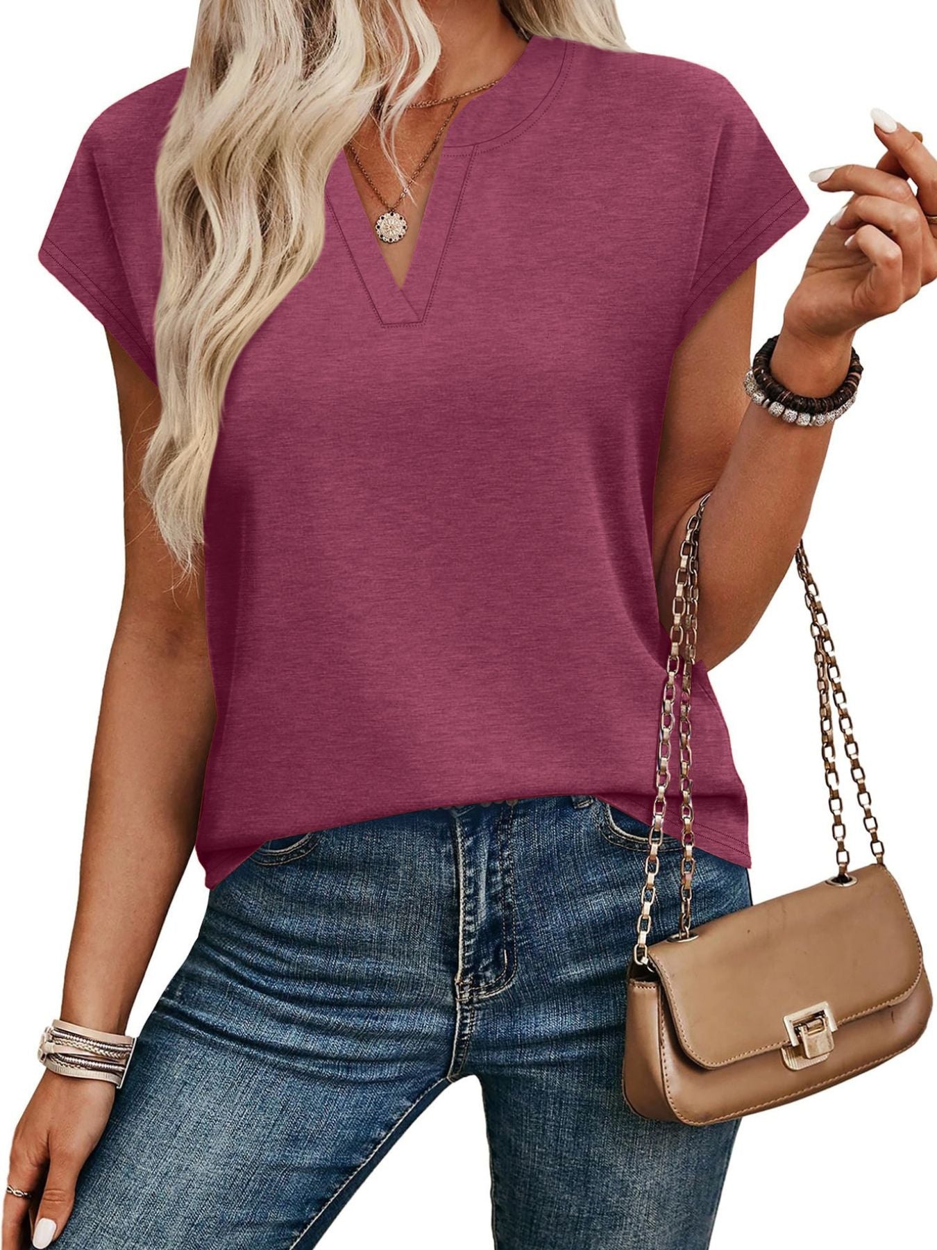 Burgundy heathered notched V-neck short-sleeve t-shirt with a relaxed fit.