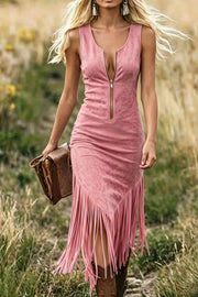 Dusty Pink midi dress with zipper and fringe detail, bodycon fit, sleeveless.