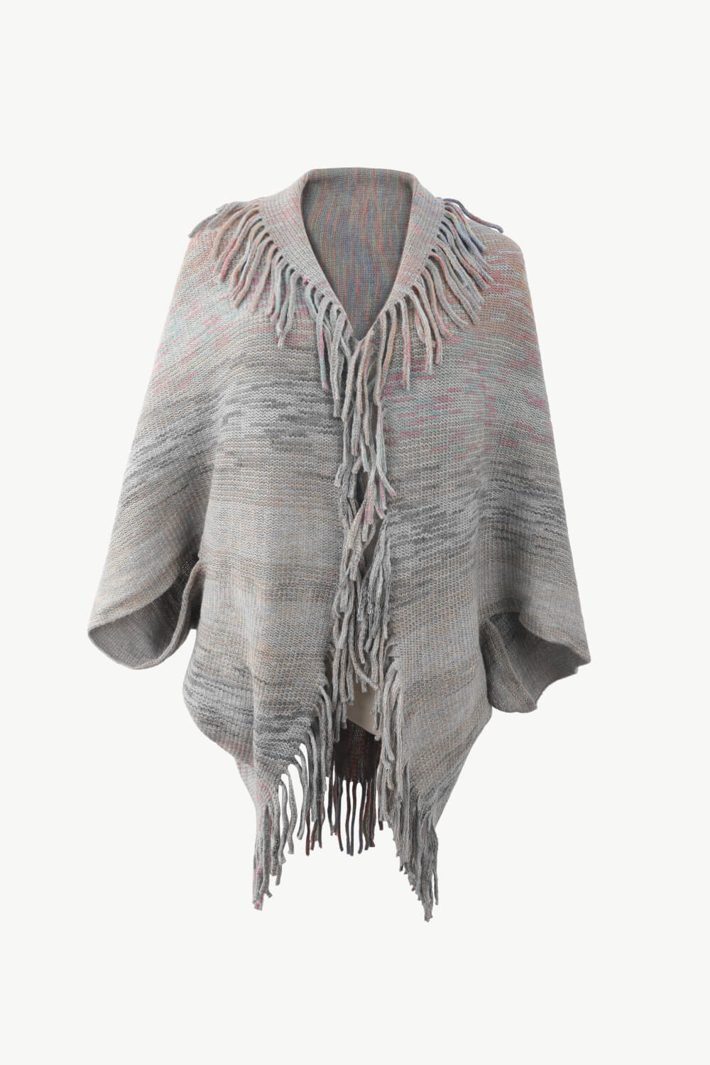 Textured stripe fringe cape in gray with subtle pink and blush accents, acrylic knit.