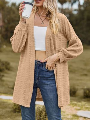 Taupe textured open cardigan with balloon sleeves and a relaxed fit.