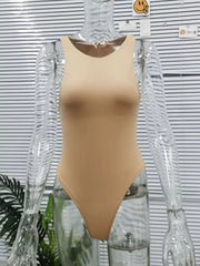 Skin color round neck sleeveless bodysuit with a high-cut leg.