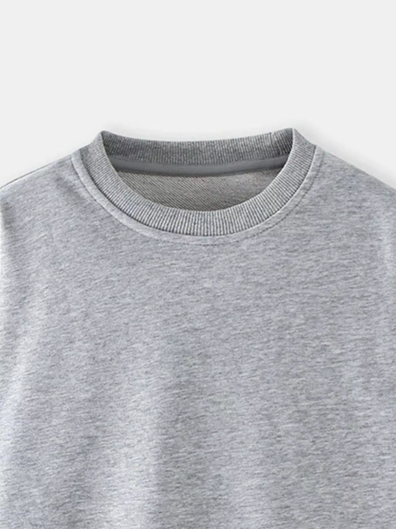 Gray crew-neck sweatshirt for kids with ribbed neckline and cuffs.
