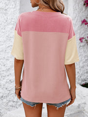 Mandy Color Pop T-Shirt in Deep Rose/Pink with cream sleeves and striped detail.