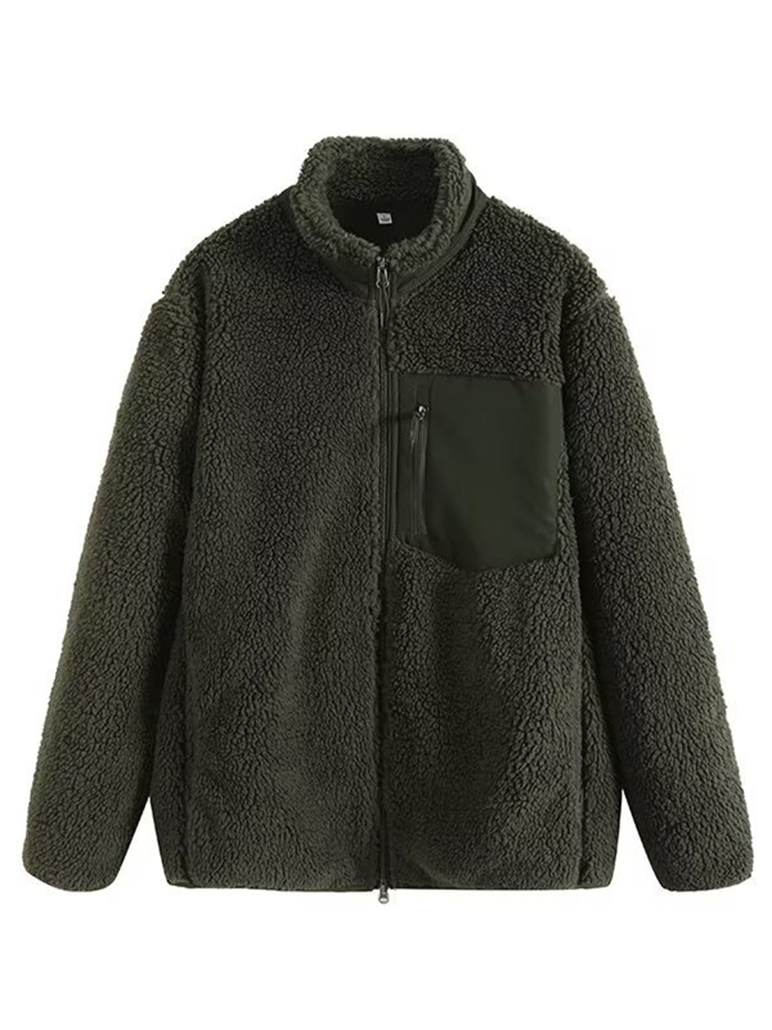 Sherpa zip-up jacket in dark green with a contrasting patch pocket and stand-up collar.