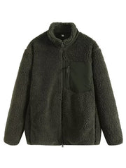 Sherpa zip-up jacket in dark green with a contrasting patch pocket and stand-up collar.