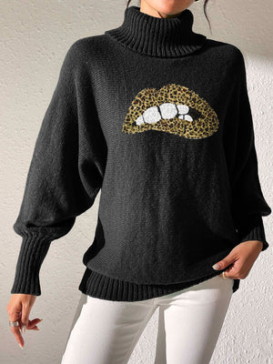 Black turtleneck sweater with sequin lip detail and balloon sleeves