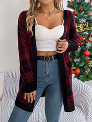Plaid knit longline cardigan in burgundy and black with pockets and a cascade front.