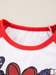 Baby raglan tee with patriotic graphic and red trim.
