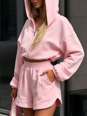 Long Sleeve Zip-up Hoodie And Shorts Set, fit detail