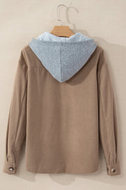 Corduroy shirt jacket in Mocha with contrast light gray hood and button cuffs.