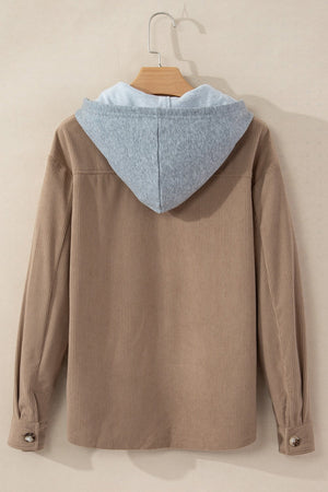 Corduroy shirt jacket in Mocha with contrast light gray hood and button cuffs.