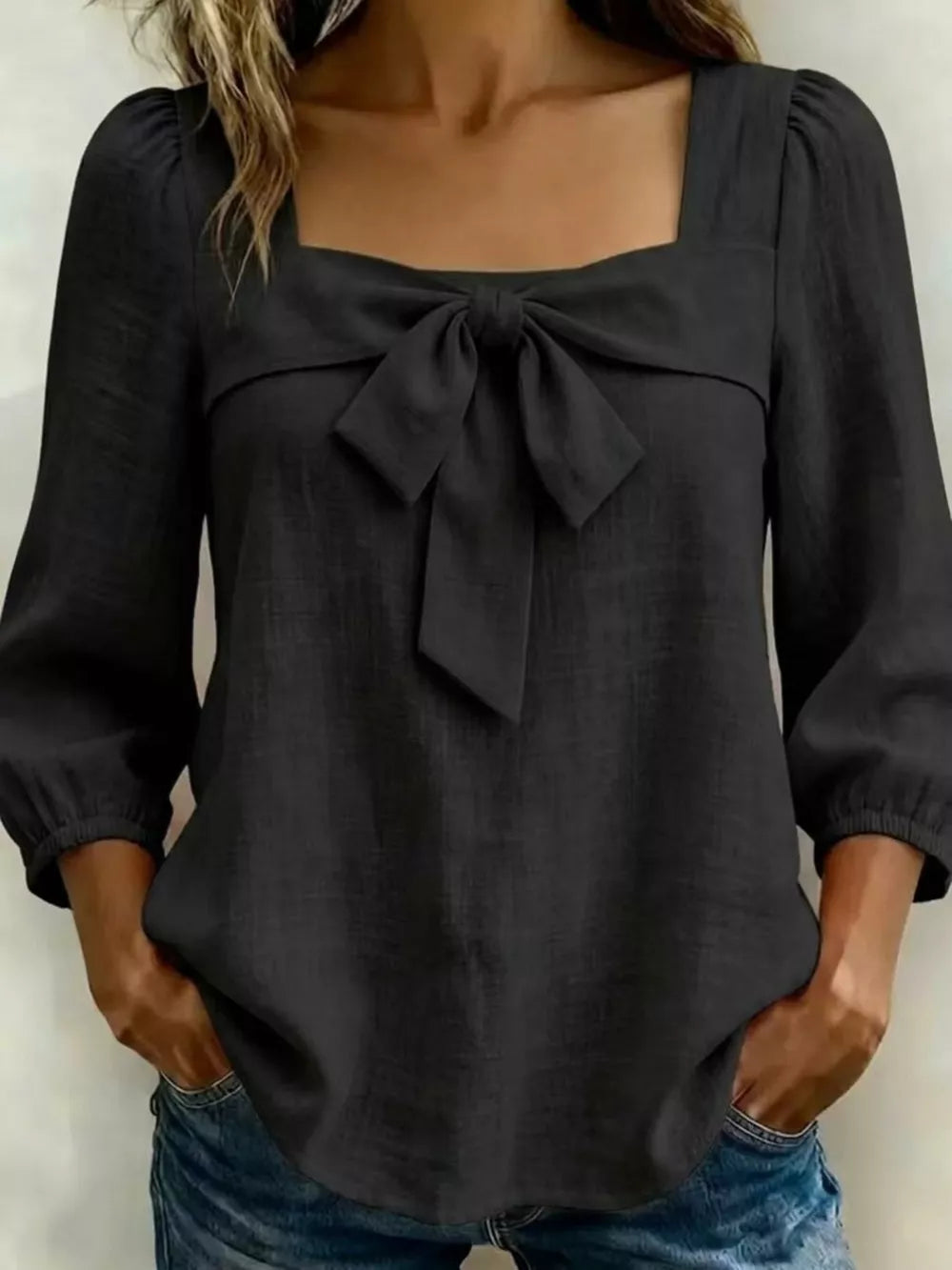 Full Size Bow Front Square Neck Blouse Plus Size, back view