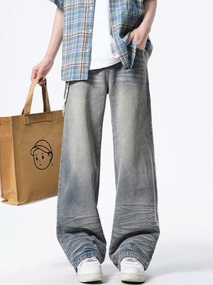 Men's light wash distressed wide leg jeans, ankle length, cotton denim.