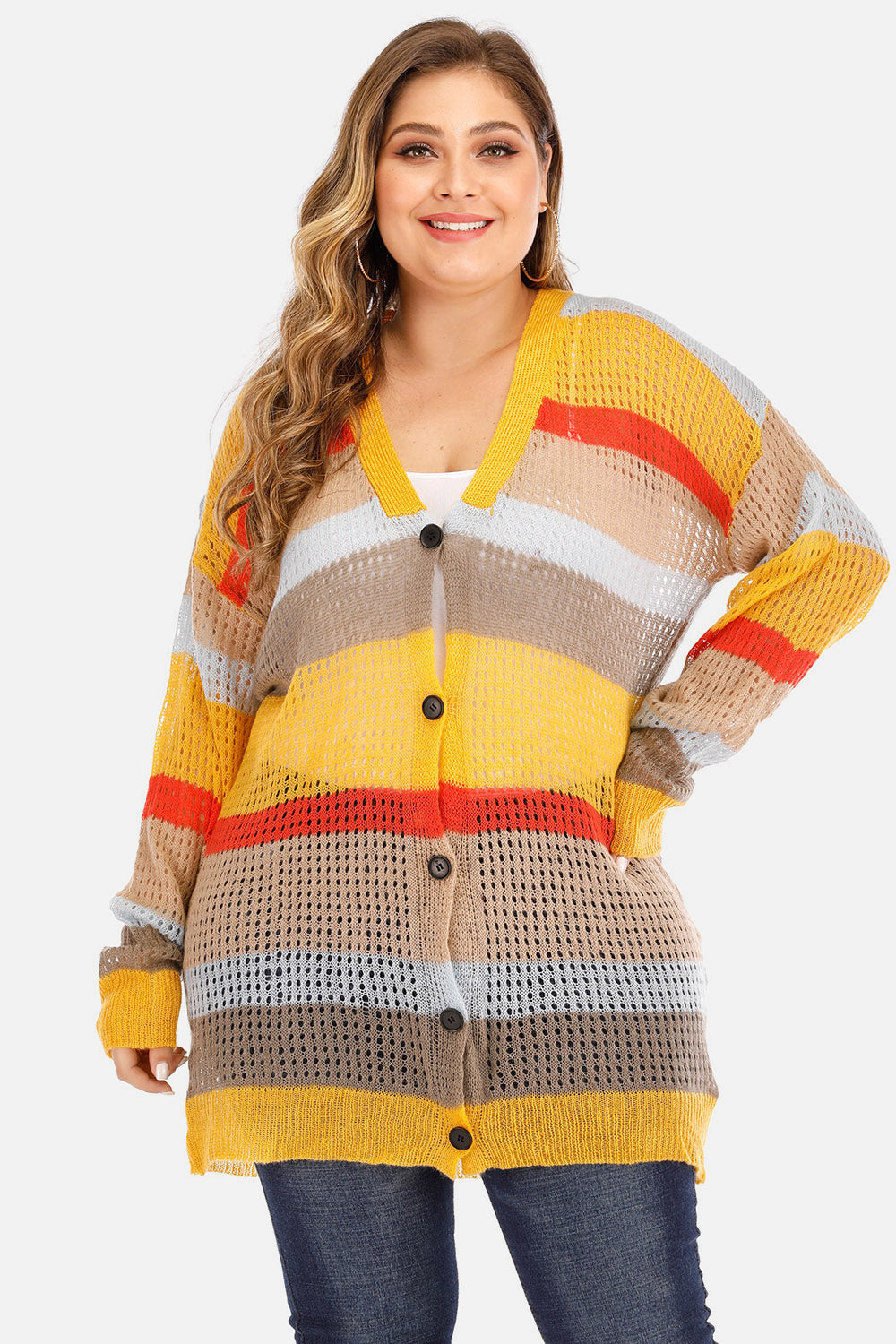 Striped open-knit button-down cardigan with V-neck and long sleeves in multi-color stripes.