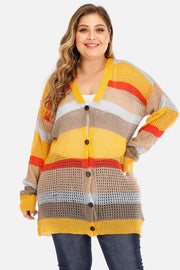 Striped open-knit button-down cardigan with V-neck and long sleeves in multi-color stripes.