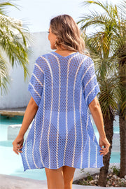 Blue and white striped crochet beach cover-up caftan with short sleeves and V-neck.