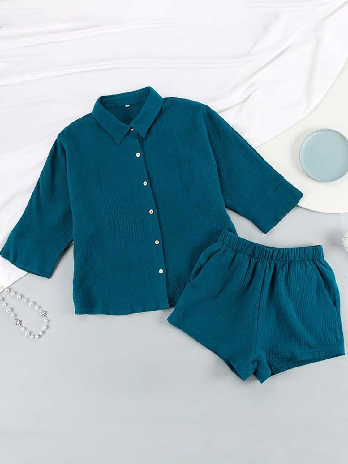 Gauze cotton resort shirt and shorts set in Deep Teal with button front and elastic waist shorts.