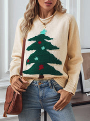 Cream acrylic sweater with a green Christmas tree intarsia knit pattern and red and blue ornaments.