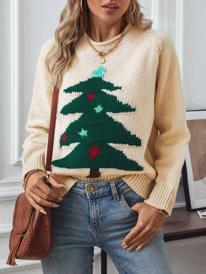 Cream acrylic sweater with a green Christmas tree intarsia knit pattern and red and blue ornaments.