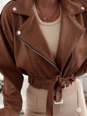Cropped Biker Jacket With Belt Detail in Black, view 17