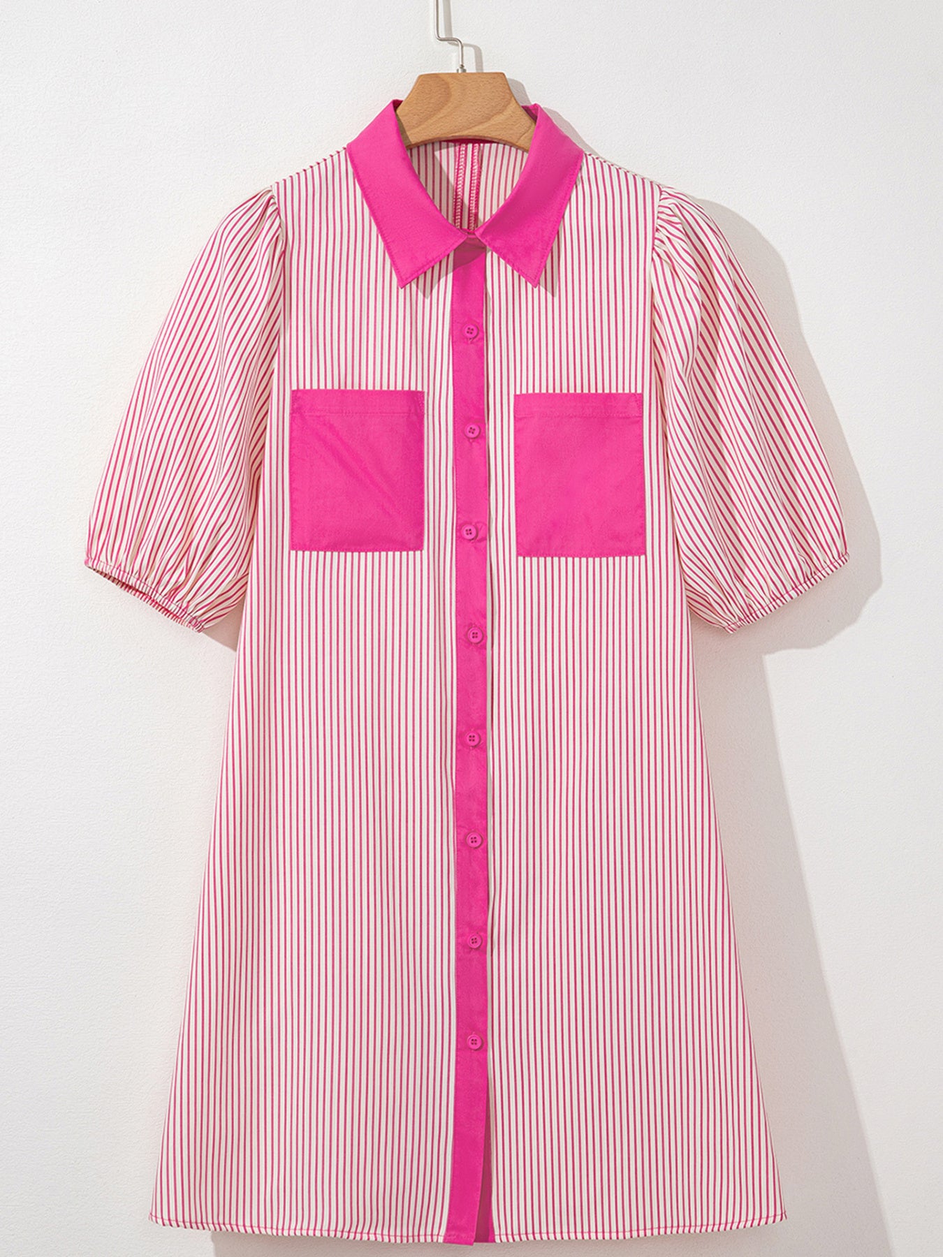 Button-down mini dress with pink stripes, puff sleeves, and two chest pockets.